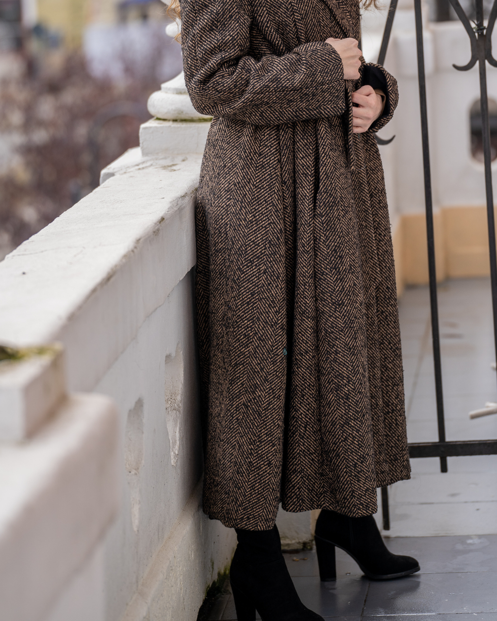 Yvonne Brown Herringbone Wool Coat