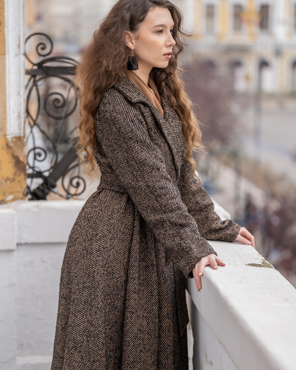 Yvonne Brown Herringbone Wool Coat