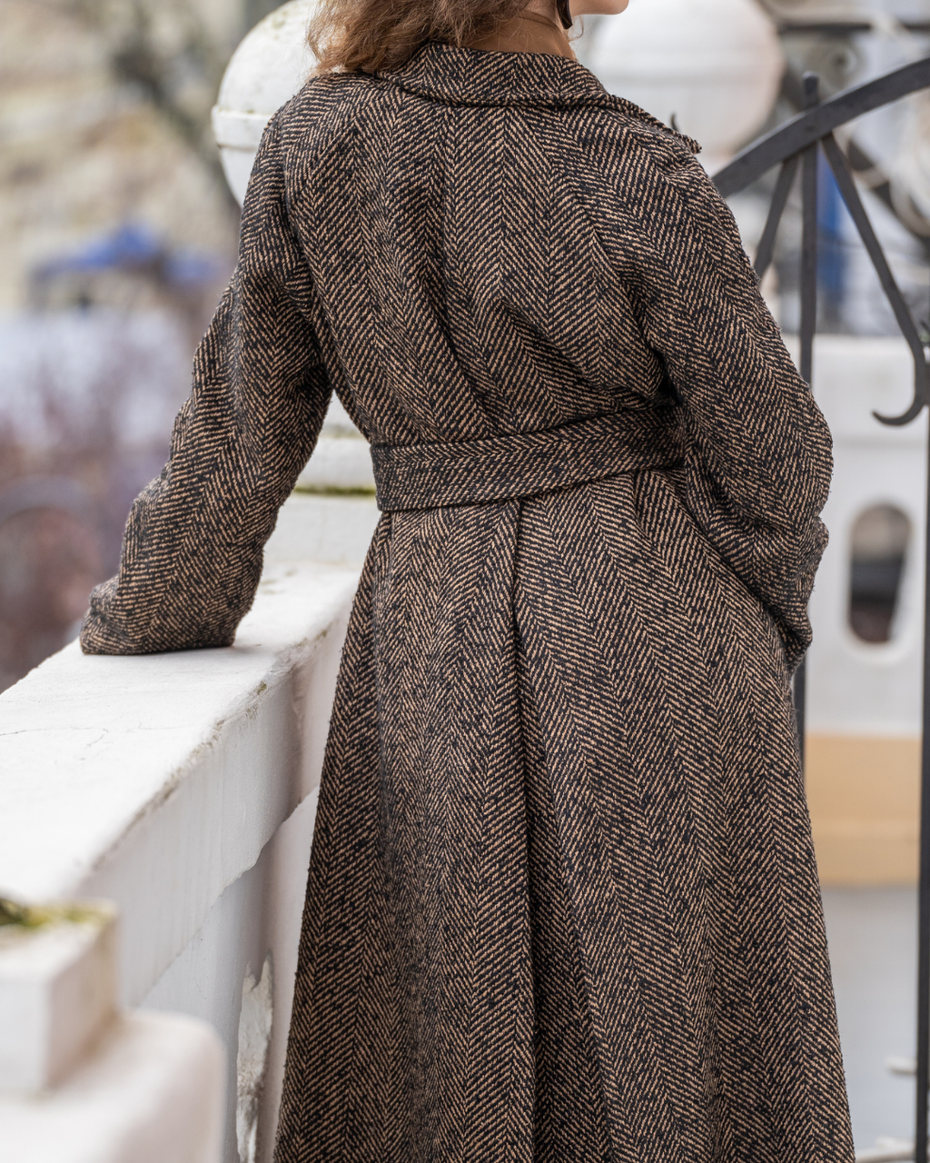 Yvonne Brown Herringbone Wool Coat